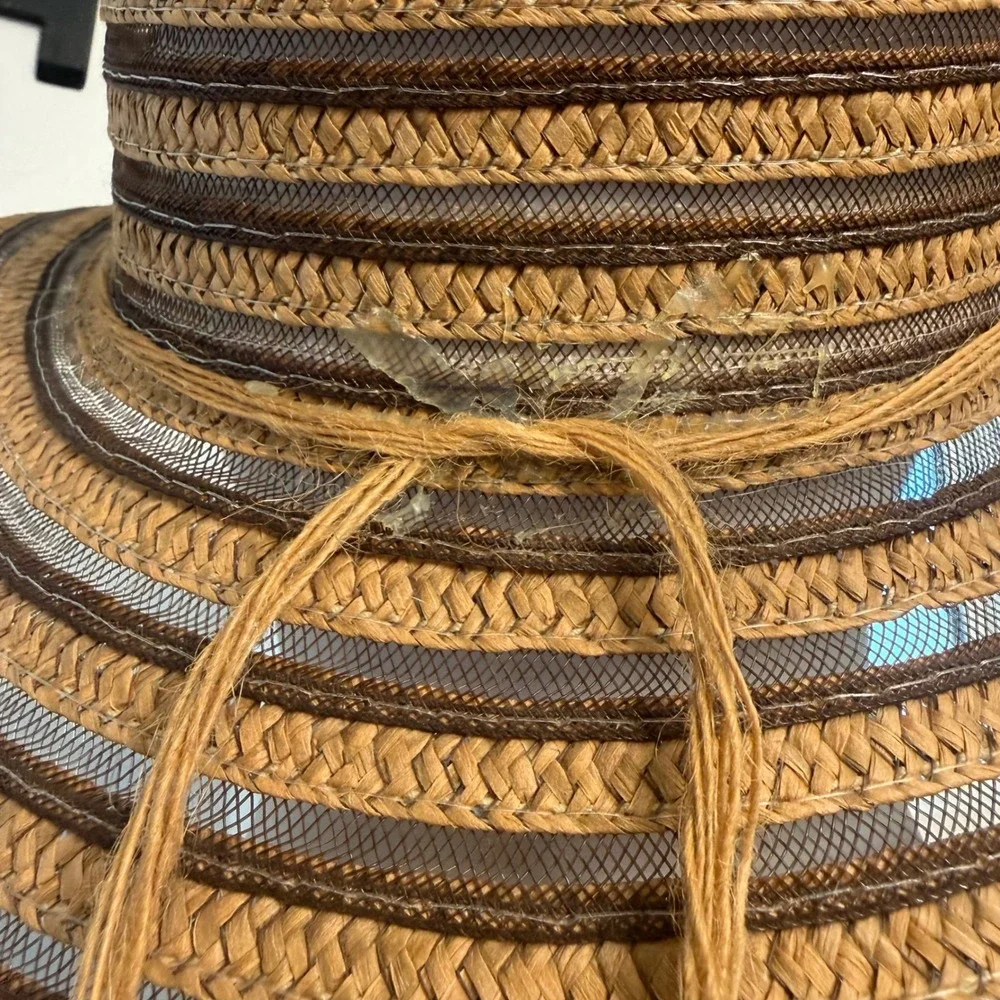 Unbranded Vintage Wide Brim Sun Hat Womens OS Brown Striped Mesh Beaded Straw